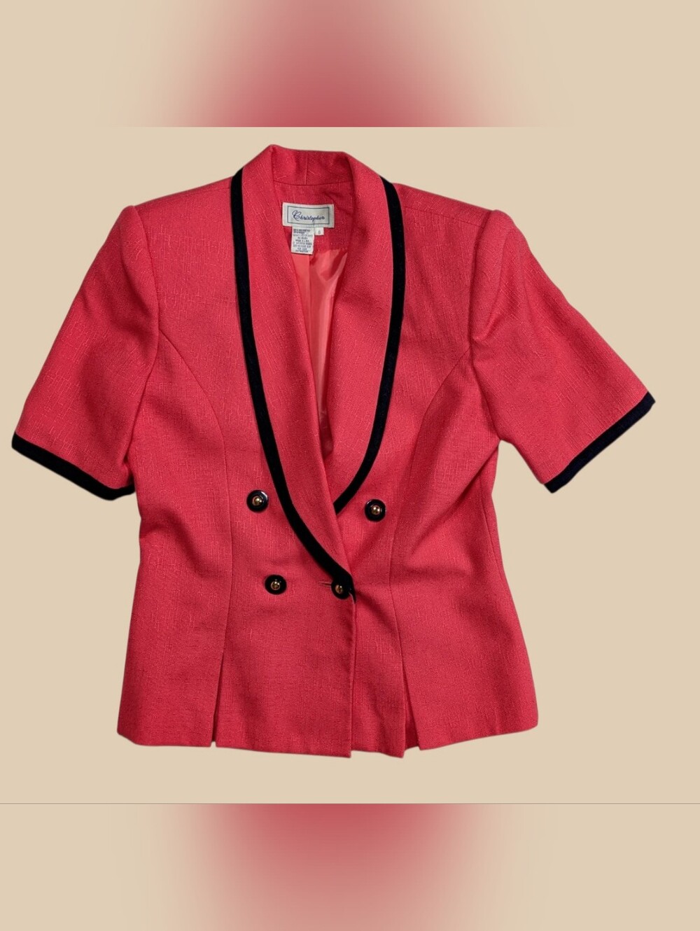 80s Christopher Coral Short-Sleeve Double-Breasted Blazer with Navy Trim
